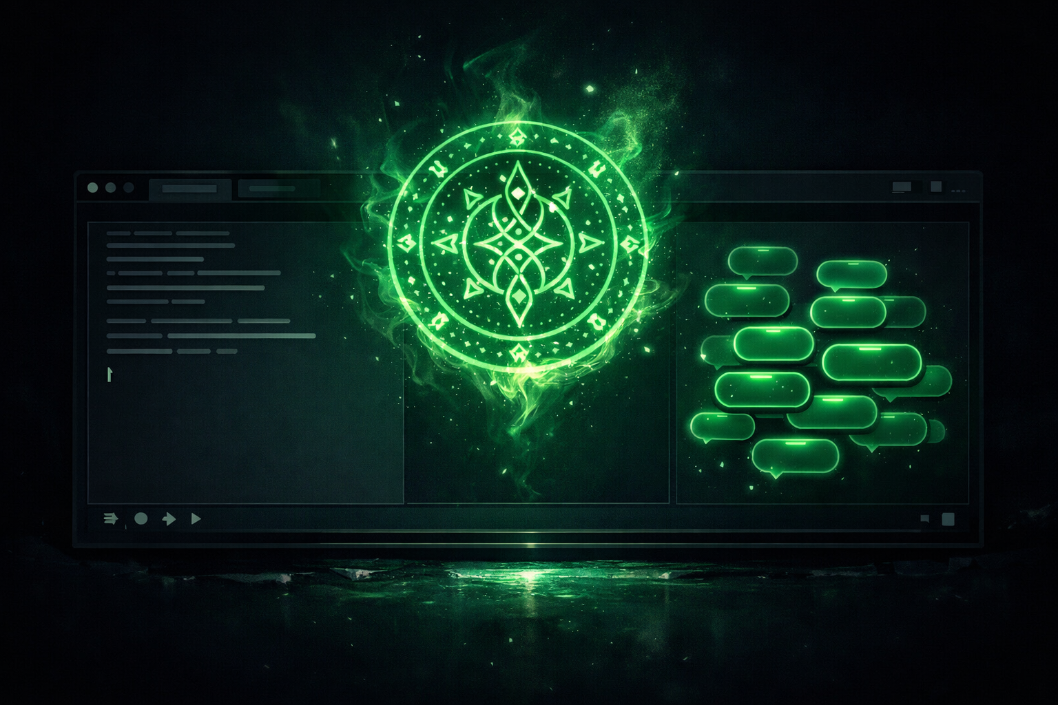 Sigil - type English, get SD prompts. A glowing green magical sigil transforms plain text into tag bubbles.